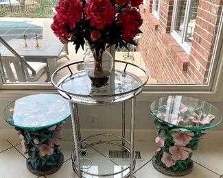 $80 - Rolling Serving Trolley - 22d x 29h.  $120 - Pair of Glass Top Tables with Floral Base - 17.75 x 18