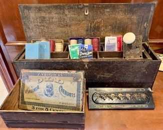 $48 - P. Whitlock’s cigar box (as is).  $40 - Vintage Tool Box. $24 - Vintage Handle