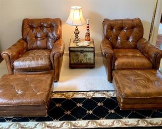 $250 (each) - Vintage Tufted Low Rise Chair with Ottoman (as is). $100 - Vintage Stiffel Lamp. $48 - Decorative Safari Trunk (as is). $40 - Music Box Scotch Bottle. $30 - Black, Cream, and Gold Runner