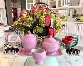$50 - Godinger Pink and Gold Tea Set.  (SOLD $48 - Floral Arrangement. )$16 - 18 Carrots by Laura Kelly Pair of Mugs