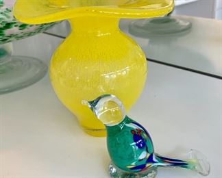 $10 - Small Yellow Glass Vase.  $8 - Glass Bird