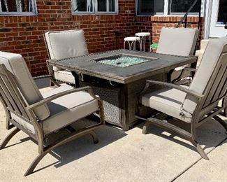 NEEDS NEW BURNER. $400 - Fire Table with 4 Cushioned Chairs (You Move) - 45.75 x 45.75 x 25 (Table), 26.5 x 29 x34 (Chairs). Condition report: Wasp nest in ignition/burner unit will be removed April 21. ****Unsure of working condition. 