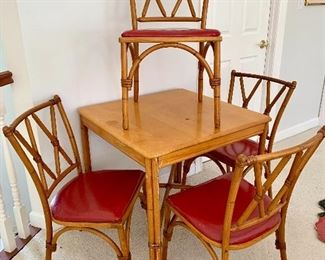 $100 - Vintage Rattan Table and 4 Chairs - 29.5  x 29.5 x 28.5 (Table), 17.5 x 16 x 32.5 (Chair)