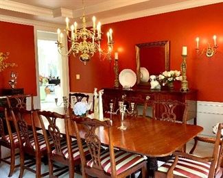 $3500 - Baker Furniture Colonial Williamsburg Dining Table (Original $10k!) - 108 x 46 x 28.5 (plus another leaf 18).  $1000 - Set of 10 Baker Furniture Dining Chairs - 23 x 20 x 39 (arm x2), 21 x 20 x39 (chairs x8)