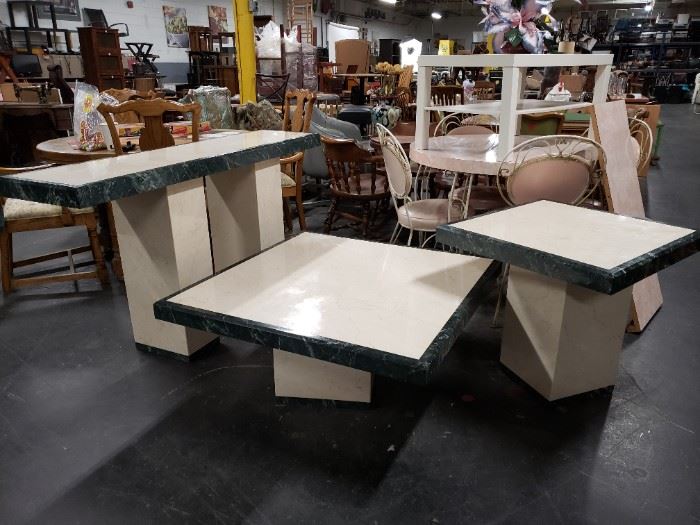 3 Pc Marble Coffee Table, End Table & Entrance Side Table.  Coffee Table: 40" x 40" x16"H End Table: 26.5" x 26.5" x 25"H  Side Table 5' x 15"D x 33"H    $1195 for set