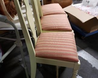 (3) Mint Green Painted Wood Newly Upholstered Striped padded fabric side chairs 17 5/8"W x 16.5" D  Floor to Seat 19"H     $250 for 3