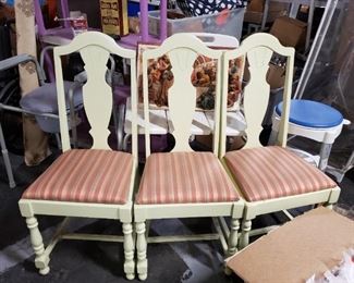 (3) Mint Green Painted Wood Newly Upholstered Striped padded fabric side chairs 17 5/8"W x 16.5" D  Floor to Seat 19"H     $250 for 3