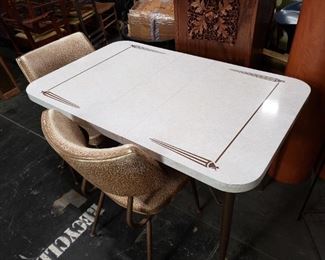 MCM Mid Century 30" x 47.5" x 29.25"H Including 8" leaf (as shown) Formica Table with 2 Gold & White Vinyl chairs  $495