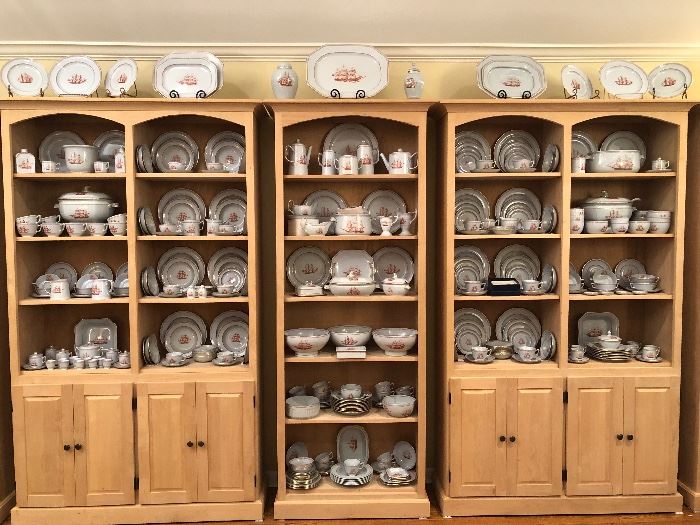 Extensive Collection of Spode Trade Wind Red, 3 of 7 Wood Bookcase/Display Cabinets by Stanton Fine Furniture