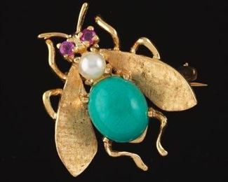 A Gold, Pearl, Pink Sapphire and TurquoiseColor Cabochon Bee Brooch 