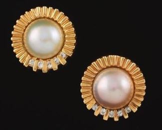 A Pair of Gold, Diamond, and Mabe Pearl Ear Clips 