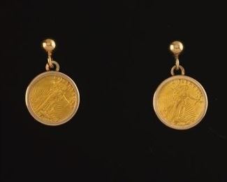 A Pair of Pure Gold Lady Liberty Mini Coin Earrings 
