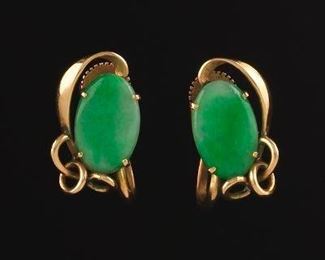 A Pair of Vintage Green Jade and Gold Earrings 