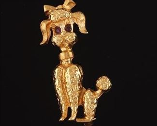 Adorable Gold and Ruby Poodle Brooch 