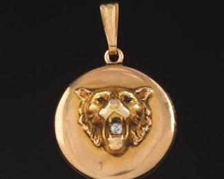 Antique Gold, Diamond, and Ruby Lion Pendant Locket 
