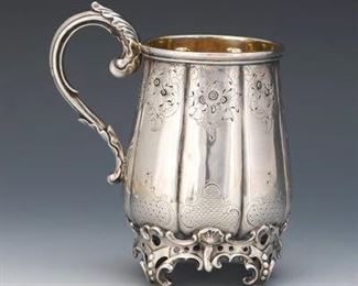 Antique Rare Lattery Brothers Baroque Style Gold Washed and Silver Plated Tankard, Calcutta, Wyly Family, ca. late 19th Century 