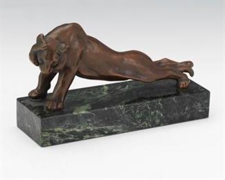 Art Deco Cold Painted Copper Alloy Stretching Lion Sculpture, on Marble Base 