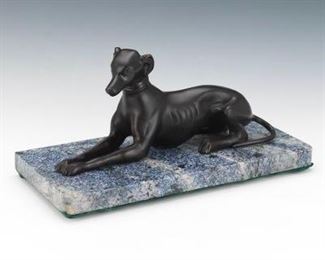 Art Deco Cold Painted Metal Sculpture of Recumbent Whippet, on Marble Base 