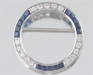Art Deco Gold, Diamond and Synthetic Sapphire Circle Brooch 