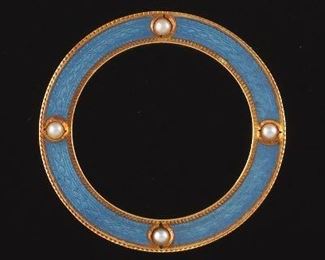 Art Deco Gold, Enamel and Seed Pearl Circle Brooch 