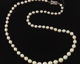 Art Deco Pearl Necklace with Diamond and Ruby Clasp 