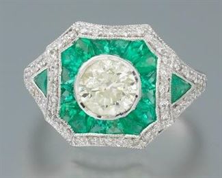 Art Deco Style Platinum, 1.23 ct Diamond Center, Emerald, and Diamond Ring 