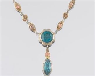 Art Deco TriColor Gold and Blue Topaz Necklace 