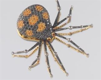 Black Diamond and Orange Sapphire Gold Spider Brooch by Eli Frei