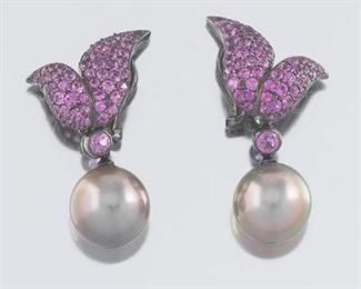 Blackened Gold, Pink Sapphire, and Tahitian Pearl Day and Night Ear Clips 