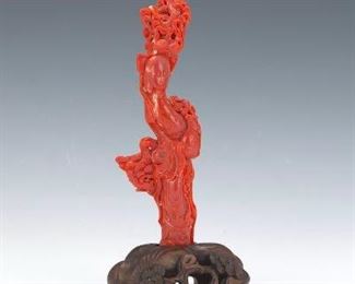 Carved Coral Branch Guanyin on Stand 