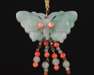 Carved Jadeite, Coral, and Crystal Pendant 