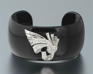 Carved Onyx Cuff with Art Deco Diamond Clip Overlay 
