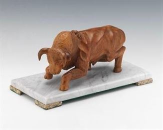 Carved Wood Sculpture of Charging Bull, on Marble Base 