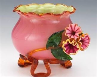 Cased Glass Floral Centerpiece Bowl, Attr. Stevens Williams 