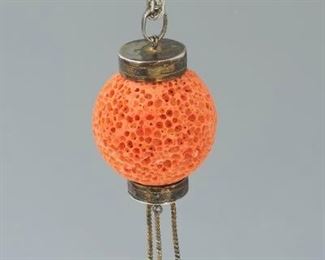 Chinese Export Vermeil Silver and Natural Coral Lantern Pendant on Italian Sterling Silver Mariner Chain 