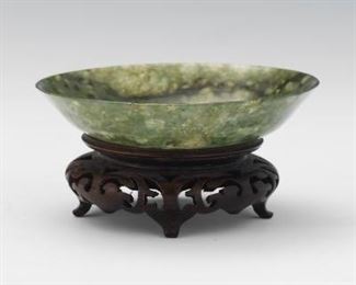 Chinese Finely Carved Spinach Green Jade Cup, on Carved Wood Stand 