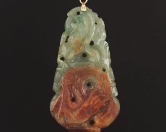Chinese Gold and Carved Chalcedony and Russet Jade Dragon and Phoenix Pendant 