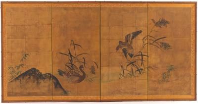 Chinese Hand Painted FourPanel Signed Screen 