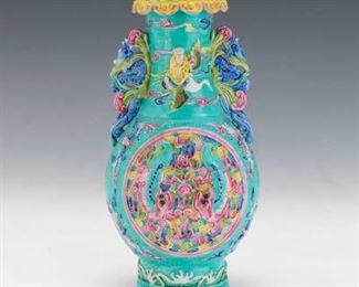 Chinese Porcelain Dragons and Foo Lions Vase with God of Longevity Shou Lao, Qianlong Seal Mark, ca. Late Qing 