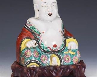 Chinese Porcelain Laughing Buddha Sculpture Incense Stick Holder, on Carved Wood Stand