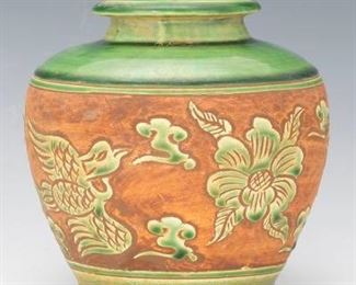 Chinese Red Clay Ceramic Jar with Green Glaze, Double Phoenix 