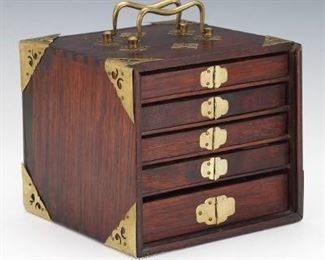 Chinese Semi Antique Mah Jong Bamboo and Bone Game in Rosewood Box, ca. 1940s