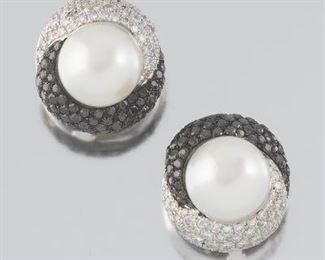 Craiger Drake Pair of South Sea Pearl, Black and White Diamond Ear Clips