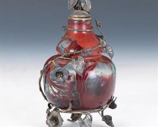 Cristalline Galle Double Gourd Vase with Metal Foliate Overlay, ca. 1900 