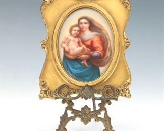 Dresden Framed Porcelain Miniature Plaque, after Raphael Sanzios The Sistine Madonna, on Table Top Easel 