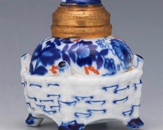 English Imari Porcelain and Gilt Copper Alloy Inkwell