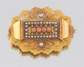 English Victorian 15k Gold, Pearl and Coral Brooch 
