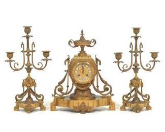 French Empire Gilt Bronze ThreePiece Clock Garniture, ca. 19th Century 