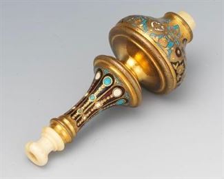 French Empire Gilt Bronze, Champleve Enameled and Carved Bone Bell Push