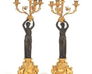 French Empire Pair of Gilt and Patinated Bronze Figural ThreeLight Candelabra, ca. Early 19th Century 